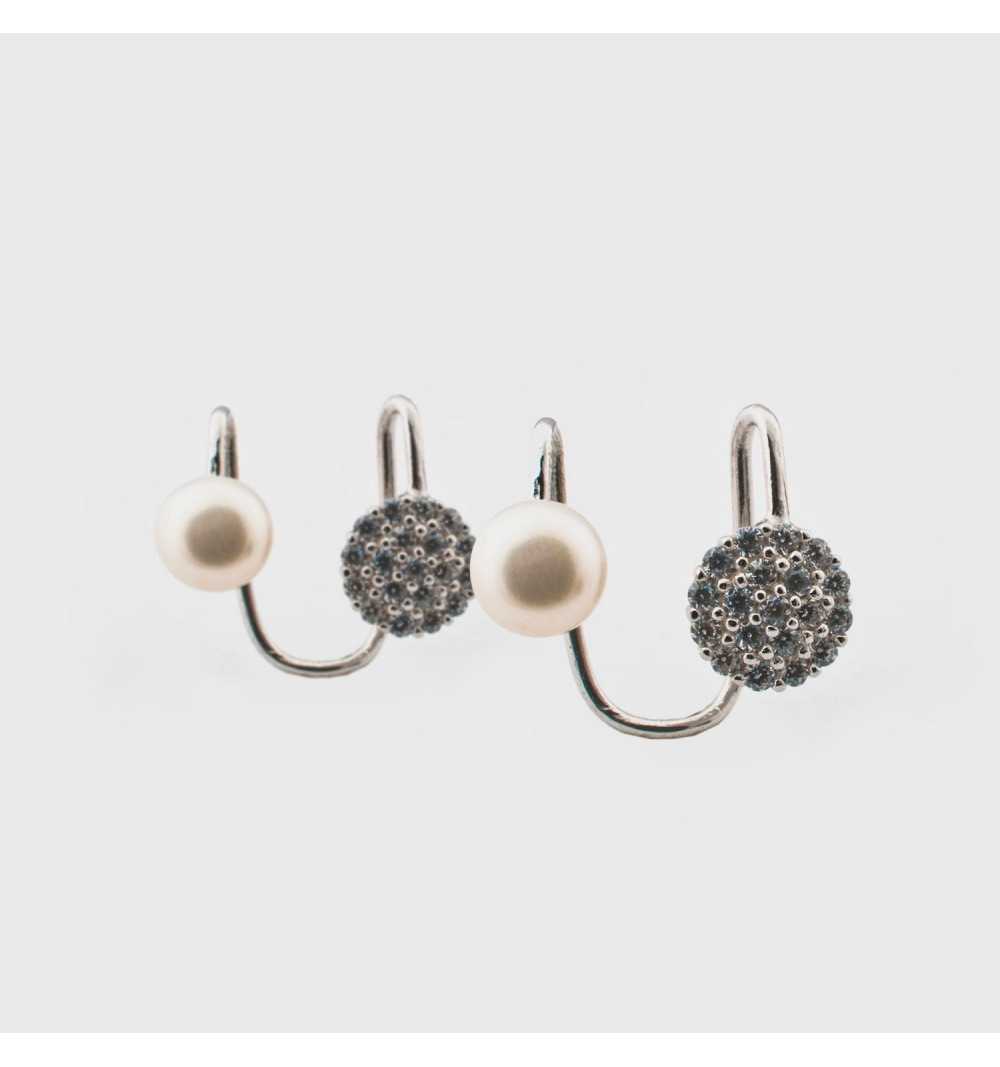 Srebrne kolczyki nausznice z perłami i kółkami wysadzanymi cyrkoniami