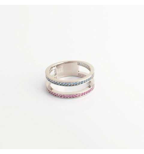 Srebrny pierścionek tunel z niebieskimi i różowymi cyrkoniami