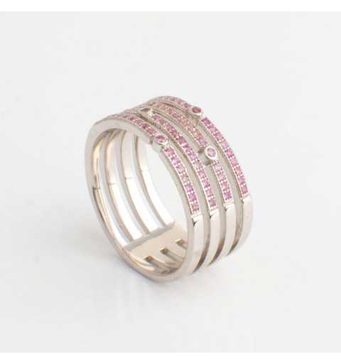 Srebrny pierścionek poczwórny tunel różowe cyrkonie