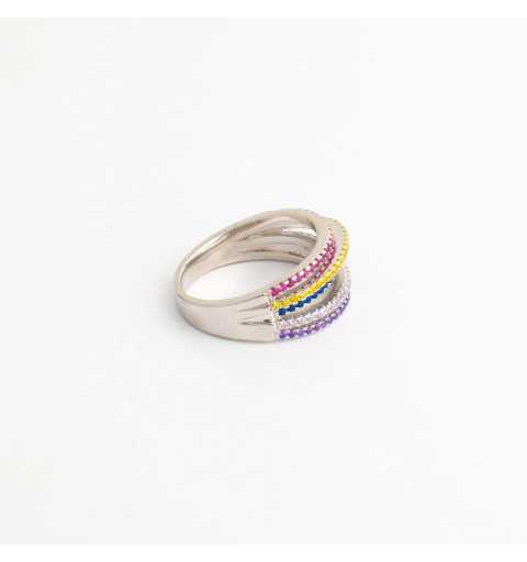 Tęczowy srebrny pierścionek z kolorowymi cyrkoniami