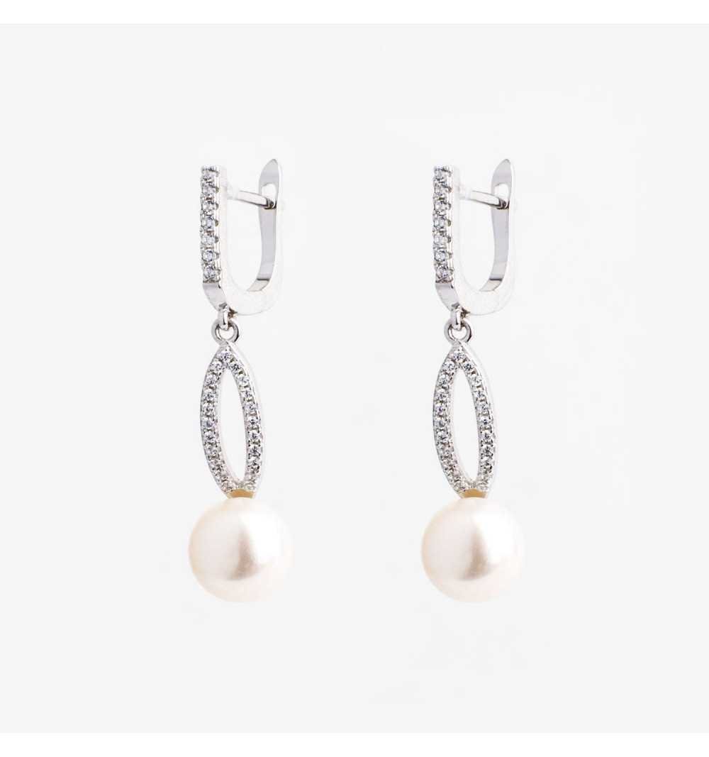 Długie srebrne kolczyki z perłami i cyrkoniami