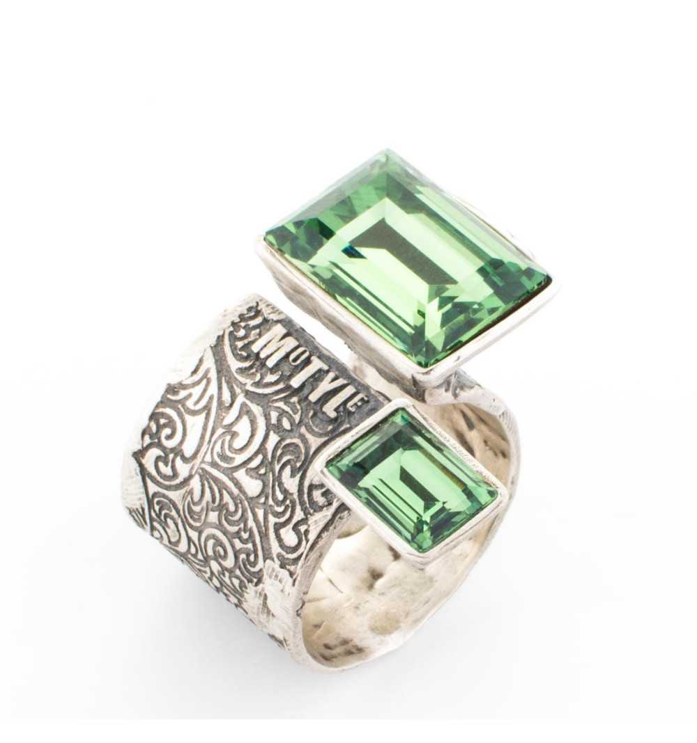 Srebrny pierścionek MOTYLE antyczne srebro oksydowany z zielonymi kryształami Swarovskiego "Ernite"